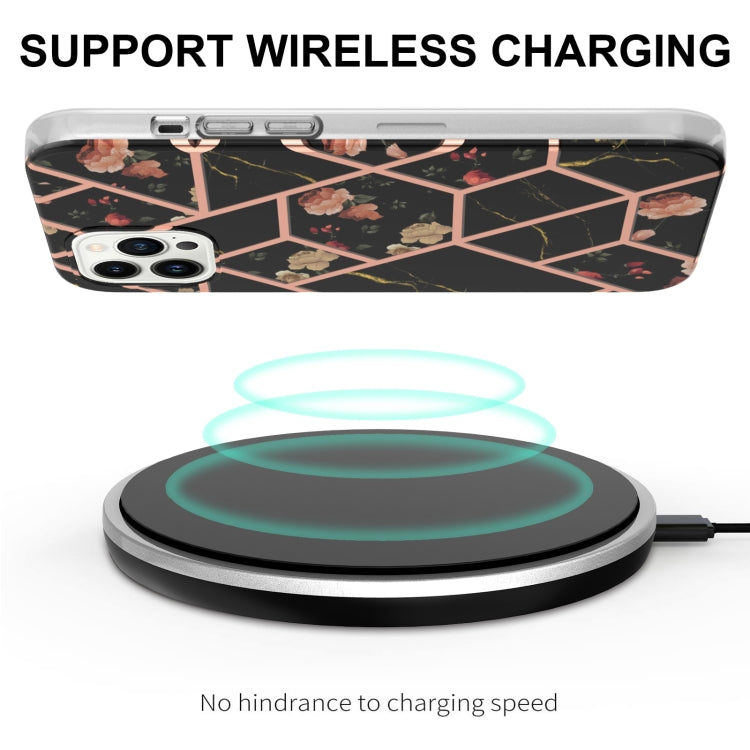 For iPhone 15 Pro Electroplating Splicing Marble Flower Pattern TPU Shockproof Case(Black Flower) - HoMEdemic™ 