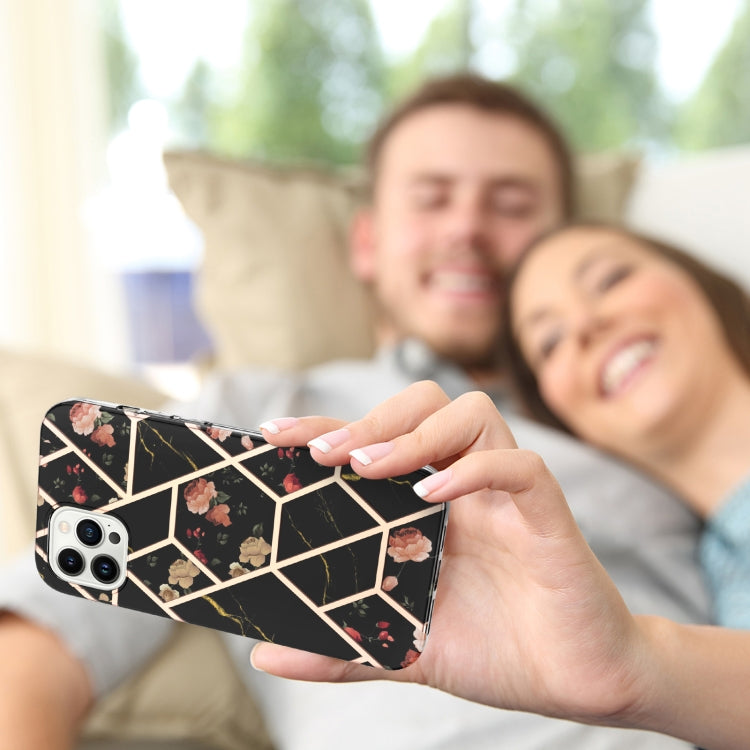 For iPhone 15 Pro Electroplating Splicing Marble Flower Pattern TPU Shockproof Case(Black Flower) - HoMEdemic™ 