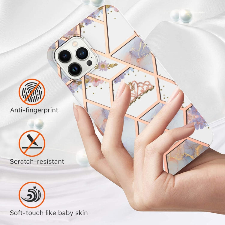 For iPhone 15 Pro Electroplating Splicing Marble Flower Pattern TPU Shockproof Case(Crown) - HoMEdemic™ 