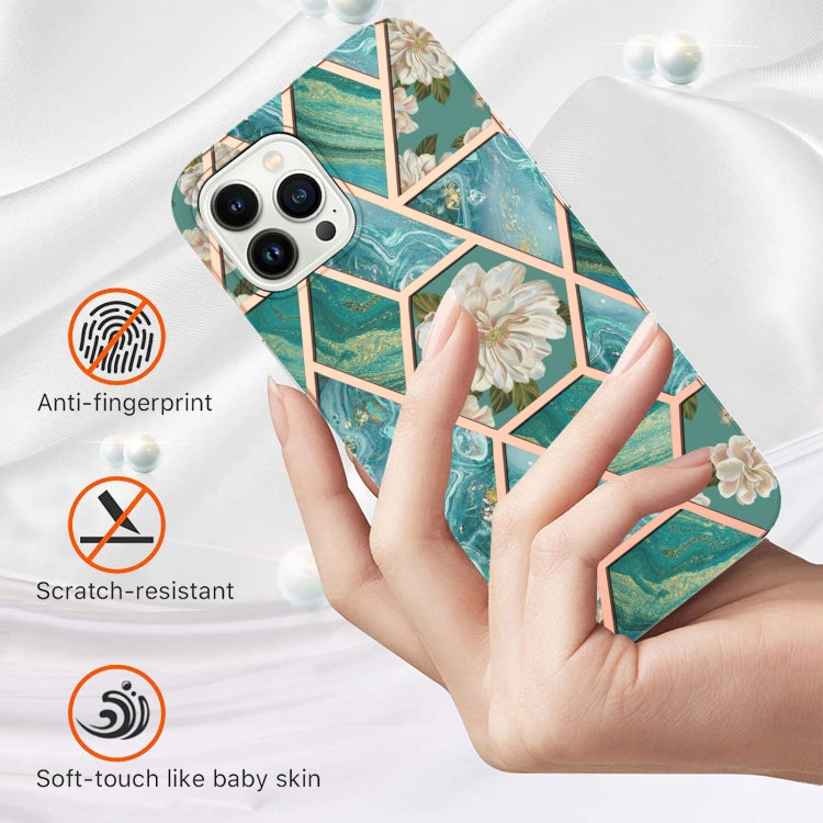 For iPhone 15 Pro Electroplating Splicing Marble Flower Pattern TPU Shockproof Case(Blue Flower) - HoMEdemic™ 