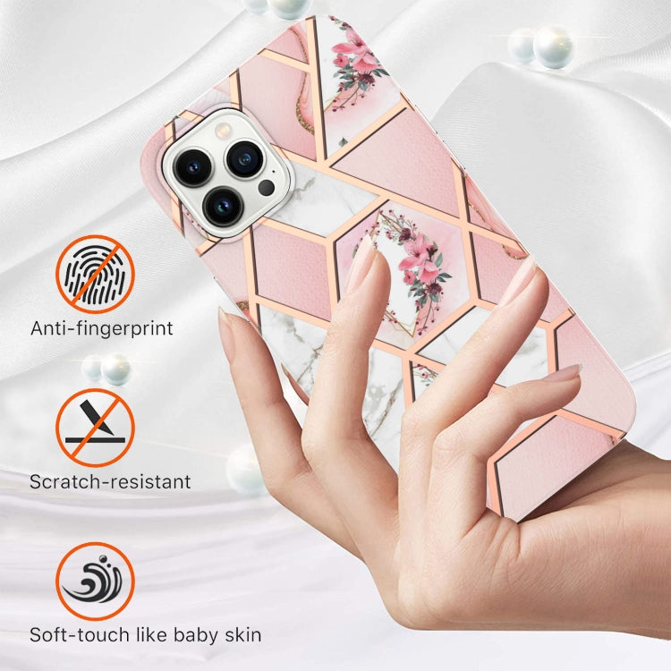 For iPhone 15 Pro Max Electroplating Splicing Marble Flower Pattern TPU Shockproof Case(Pink Flower) - HoMEdemic™ 