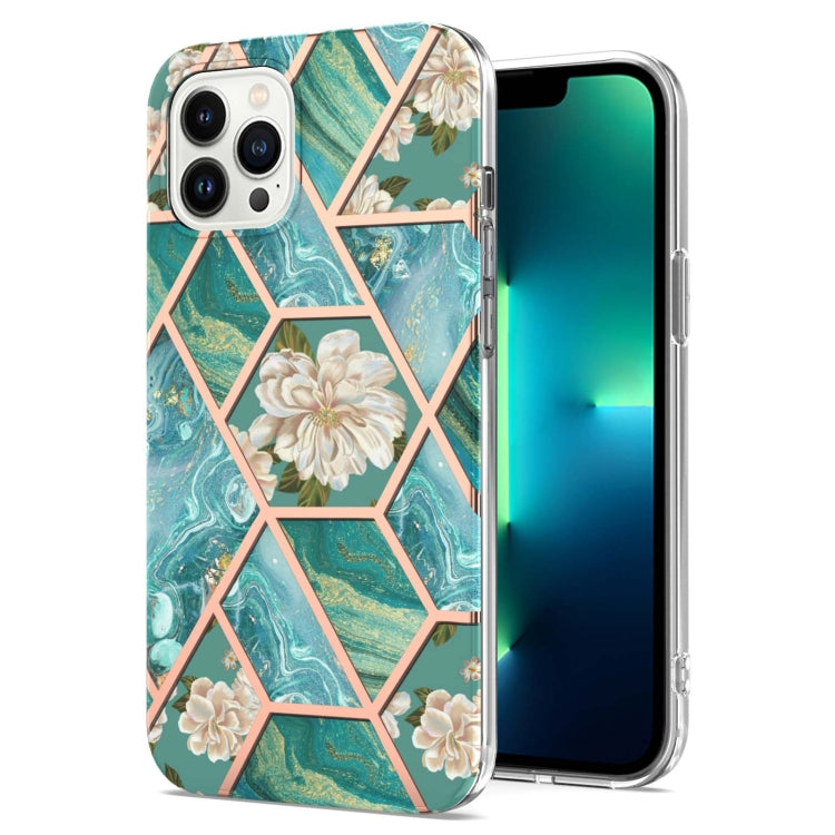 For iPhone 15 Pro Max Electroplating Splicing Marble Flower Pattern TPU Shockproof Case(Blue Flower) - HoMEdemic™ 
