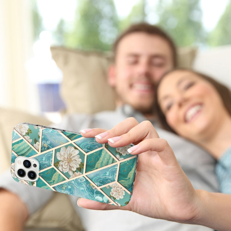 For iPhone 15 Pro Max Electroplating Splicing Marble Flower Pattern TPU Shockproof Case(Blue Flower) - HoMEdemic™ 