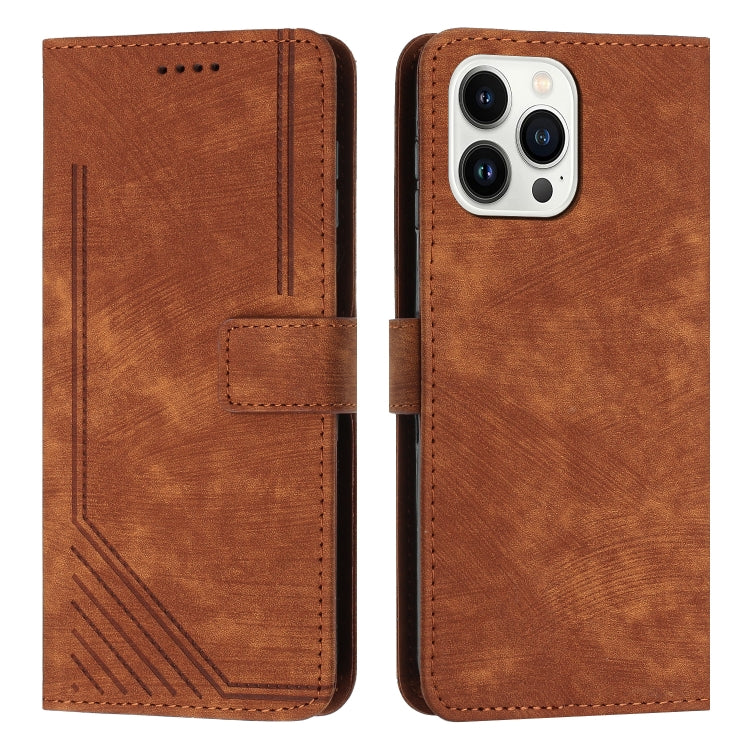 For iPhone 15 Pro Max Skin Feel Stripe Pattern Leather Phone Case with Lanyard(Brown) - HoMEdemic™ 