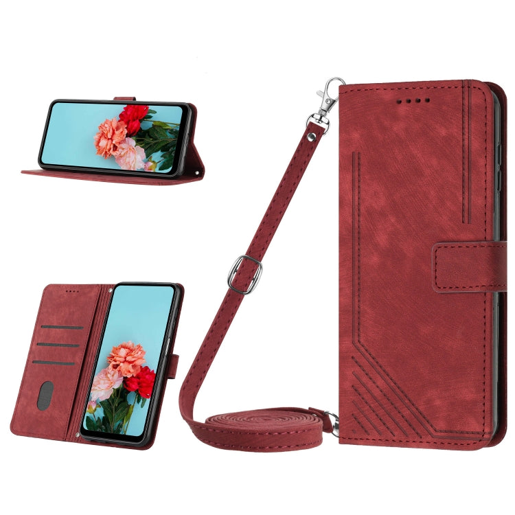 For iPhone 15 Pro Max Skin Feel Stripe Pattern Leather Phone Case with Lanyard(Red) - HoMEdemic™ 