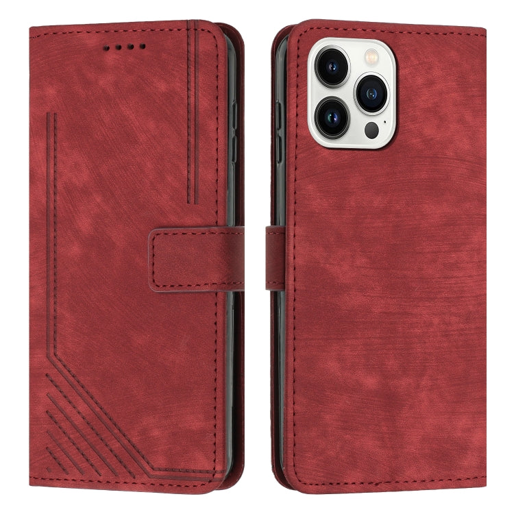 For iPhone 15 Pro Max Skin Feel Stripe Pattern Leather Phone Case with Lanyard(Red) - HoMEdemic™ 