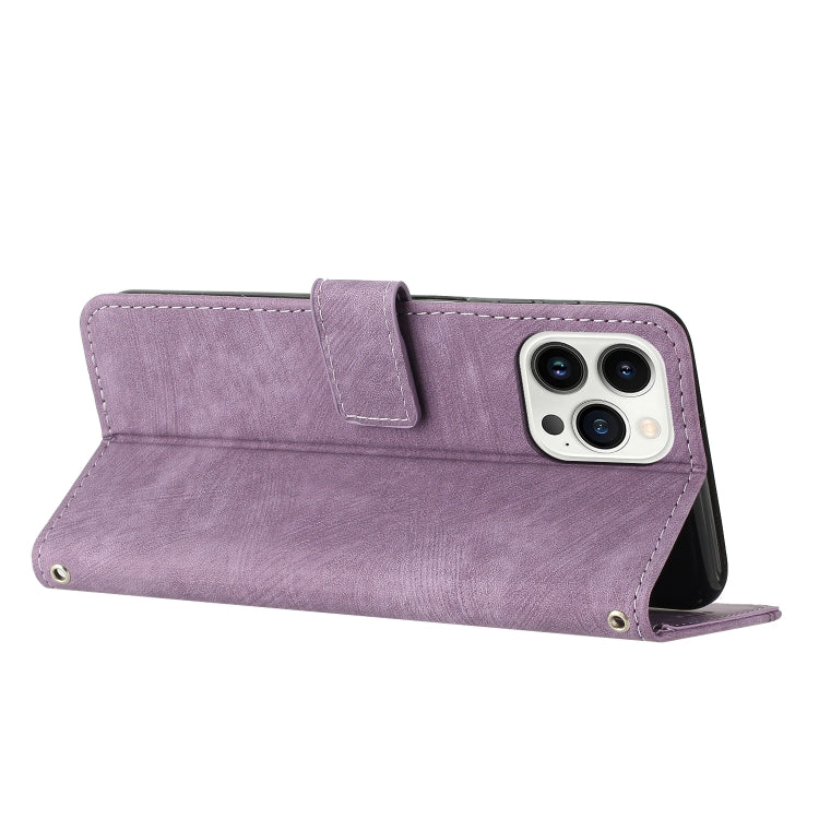 For iPhone 15 Pro Max Skin Feel Stripe Pattern Leather Phone Case with Lanyard(Purple) - HoMEdemic™ 