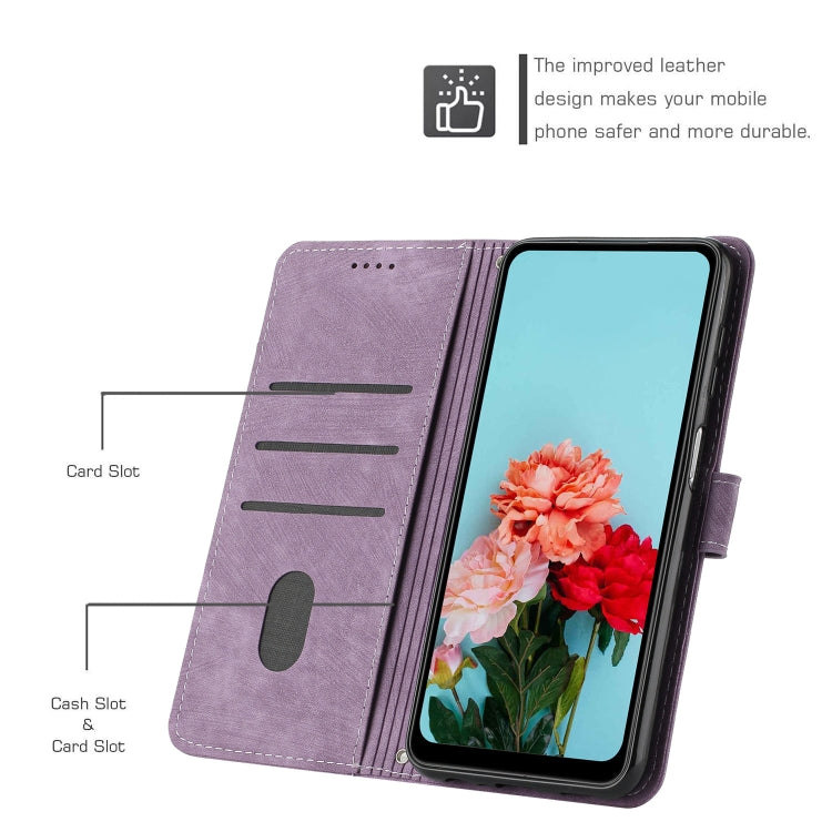 For iPhone 15 Pro Max Skin Feel Stripe Pattern Leather Phone Case with Lanyard(Purple) - HoMEdemic™ 