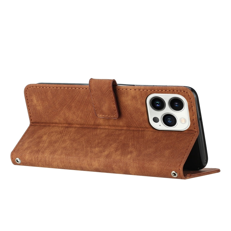 For iPhone 15 Pro Skin Feel Stripe Pattern Leather Phone Case with Lanyard(Brown) - HoMEdemic™ 