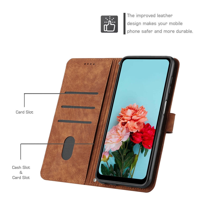 For iPhone 15 Pro Skin Feel Stripe Pattern Leather Phone Case with Lanyard(Brown) - HoMEdemic™ 