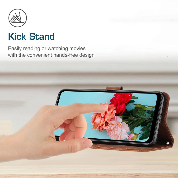 For iPhone 15 Pro Skin Feel Stripe Pattern Leather Phone Case with Lanyard(Brown) - HoMEdemic™ 