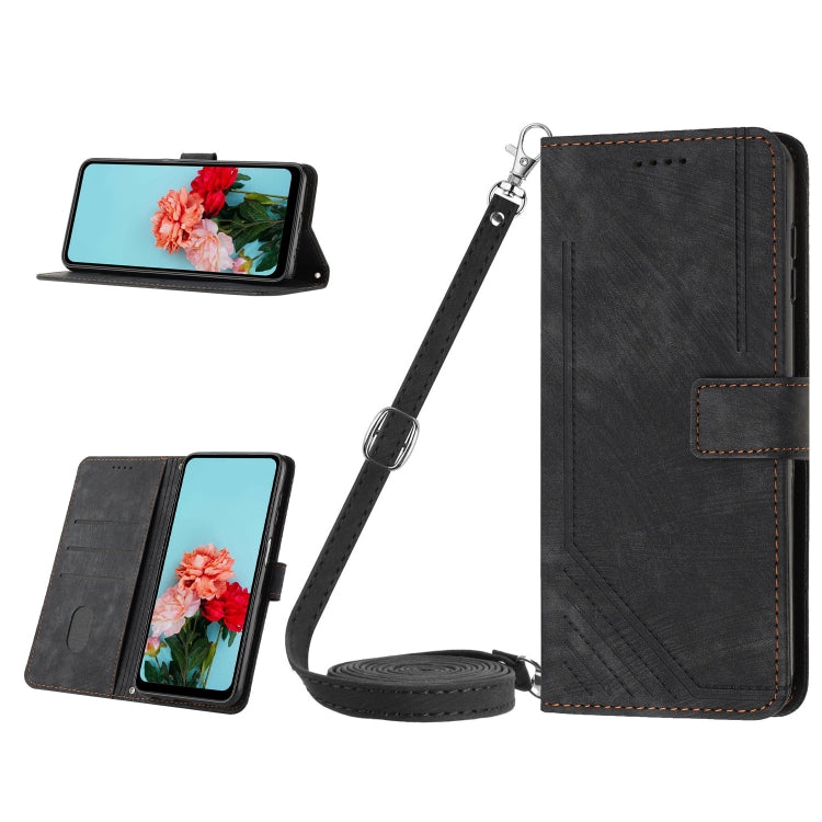 For iPhone 15 Pro Skin Feel Stripe Pattern Leather Phone Case with Lanyard(Black) - HoMEdemic™ 