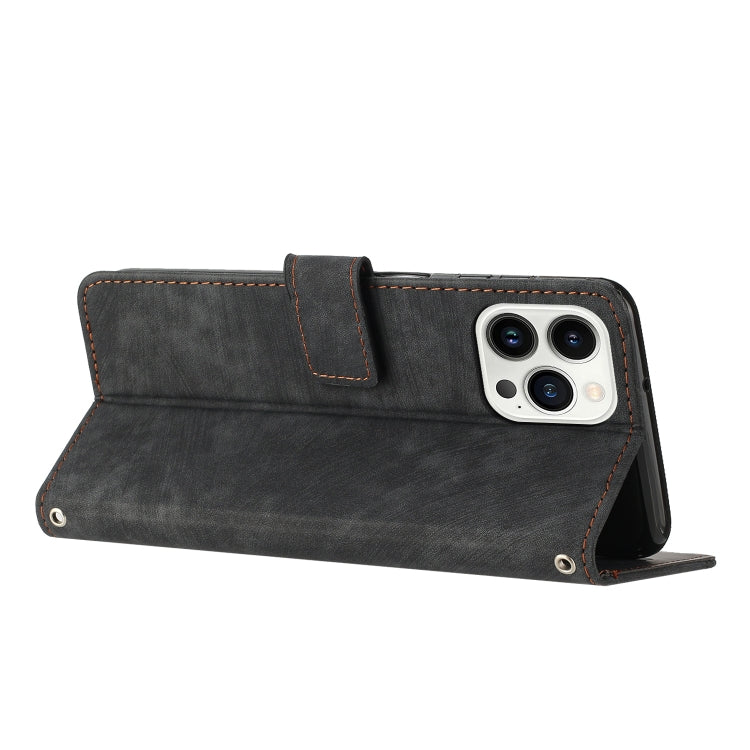 For iPhone 15 Pro Skin Feel Stripe Pattern Leather Phone Case with Lanyard(Black) - HoMEdemic™ 