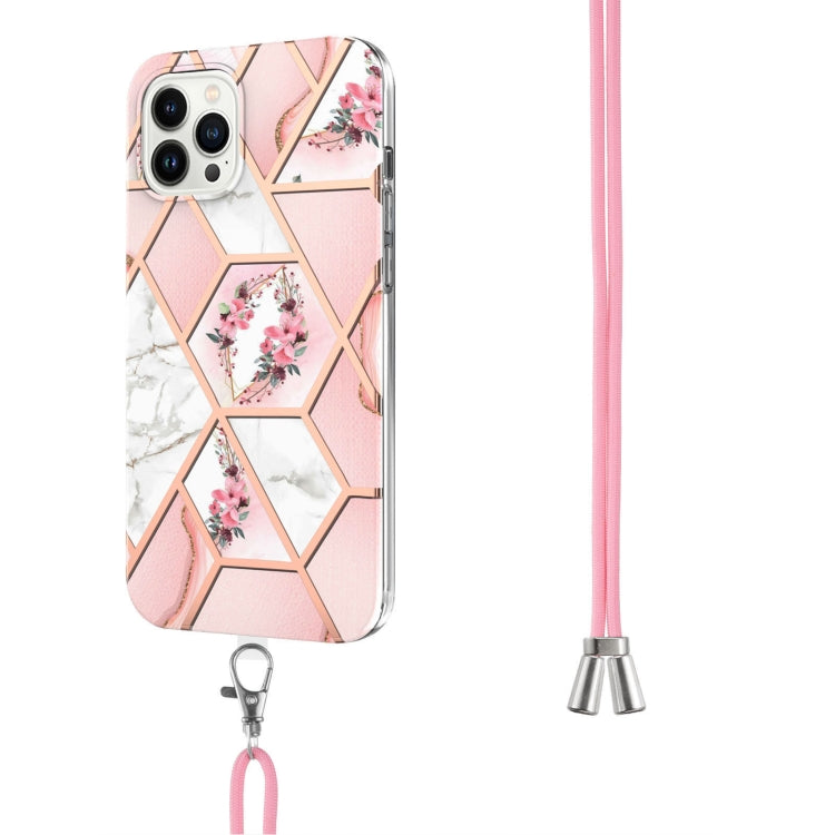 For iPhone 15 Pro Max Electroplating Splicing Marble Flower Pattern TPU Shockproof Case with Lanyard(Pink Flower) - HoMEdemic™ 