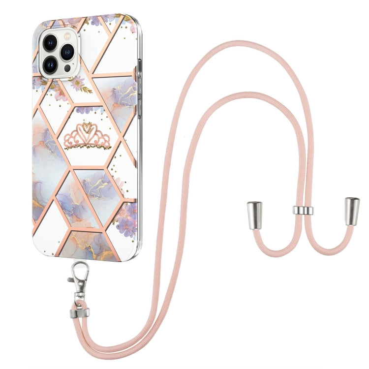 For iPhone 15 Pro Max Electroplating Splicing Marble Flower Pattern TPU Shockproof Case with Lanyard(Imperial Crown) - HoMEdemic™ 