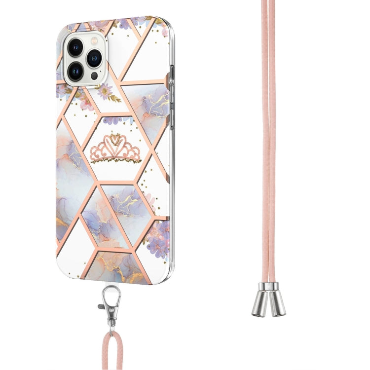 For iPhone 15 Pro Max Electroplating Splicing Marble Flower Pattern TPU Shockproof Case with Lanyard(Imperial Crown) - HoMEdemic™ 