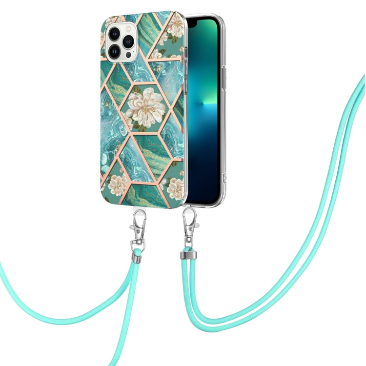 For iPhone 15 Pro Max Electroplating Splicing Marble Flower Pattern TPU Shockproof Case with Lanyard(Blue Flower) - HoMEdemic™ 
