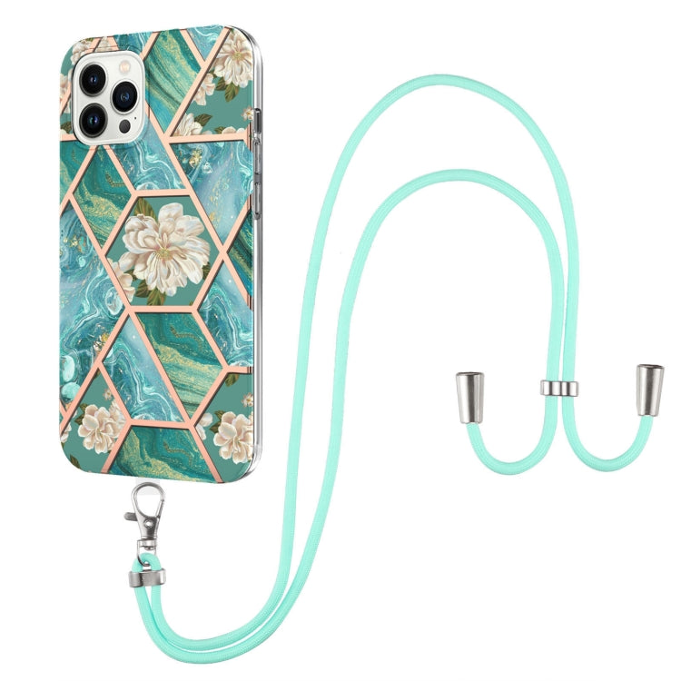 For iPhone 15 Pro Max Electroplating Splicing Marble Flower Pattern TPU Shockproof Case with Lanyard(Blue Flower) - HoMEdemic™ 