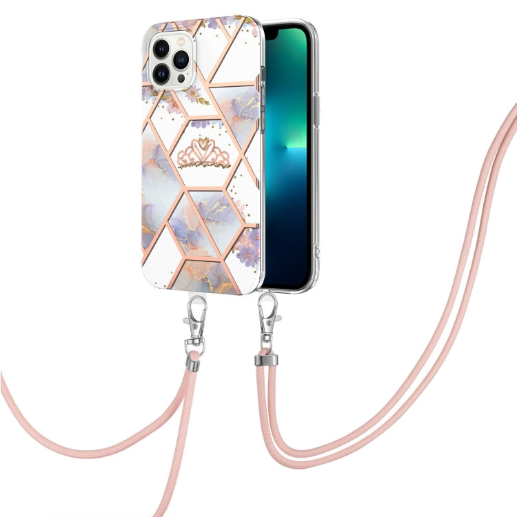 For iPhone 15 Pro Electroplating Splicing Marble Flower Pattern TPU Shockproof Case with Lanyard(Imperial Crown) - HoMEdemic™ 
