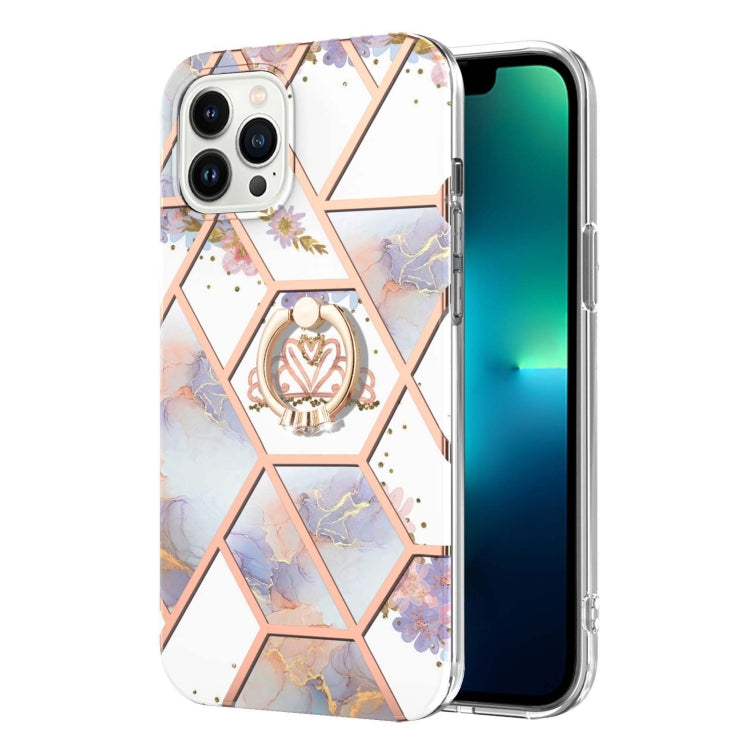 For iPhone 15 Pro Electroplating Splicing Marble Flower Pattern TPU Shockproof Case with Rhinestone Ring Holder(Imperial Crown) - HoMEdemic™ 