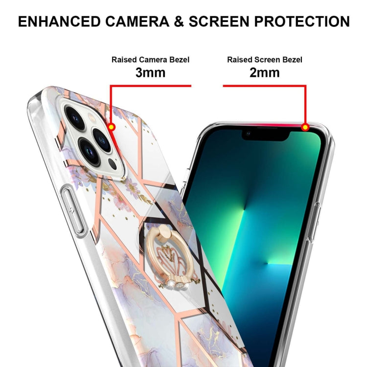 For iPhone 15 Pro Electroplating Splicing Marble Flower Pattern TPU Shockproof Case with Rhinestone Ring Holder(Imperial Crown) - HoMEdemic™ 
