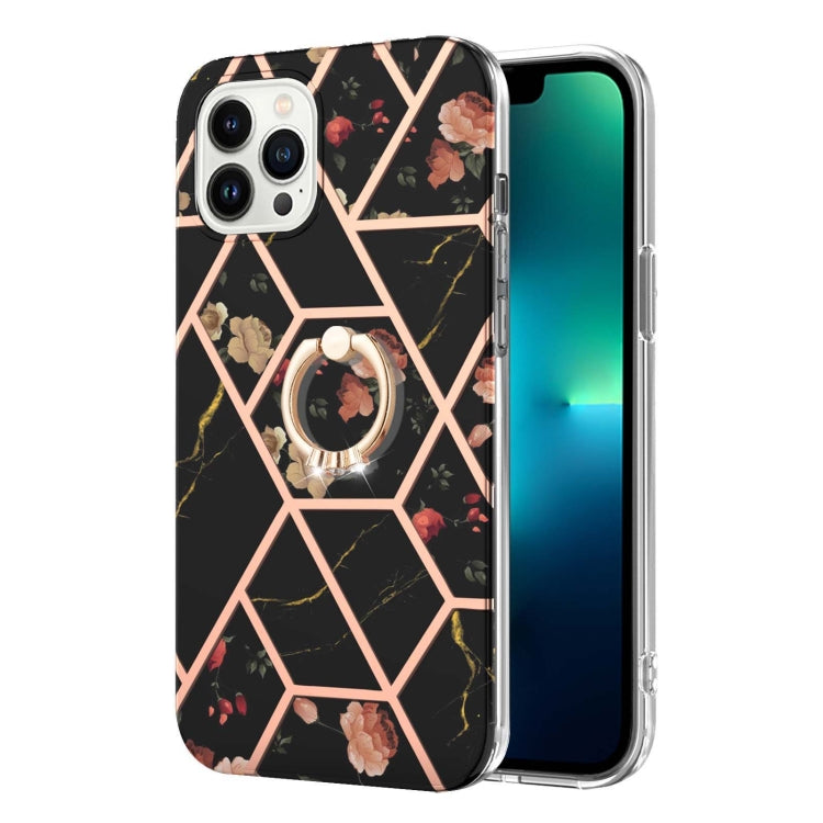 For iPhone 15 Pro Max Electroplating Splicing Marble Flower Pattern TPU Shockproof Case with Rhinestone Ring Holder(Black Flower) - HoMEdemic™ 