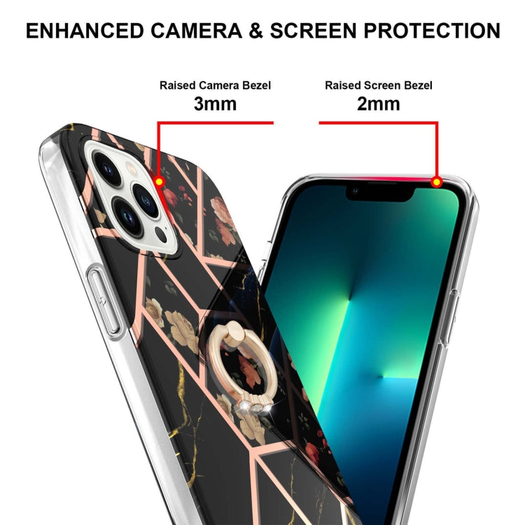 For iPhone 15 Pro Max Electroplating Splicing Marble Flower Pattern TPU Shockproof Case with Rhinestone Ring Holder(Black Flower) - HoMEdemic™ 