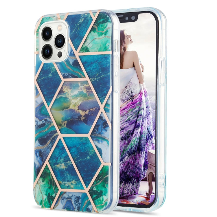 For iPhone 15 Pro Electroplating Splicing Marble Flower Pattern Dual-side IMD TPU Shockproof Phone Case(Blue Green) - HoMEdemic™ 