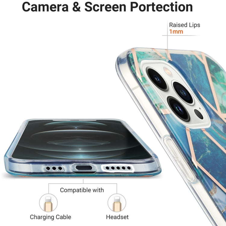 For iPhone 15 Pro Electroplating Splicing Marble Flower Pattern Dual-side IMD TPU Shockproof Phone Case(Blue Green) - HoMEdemic™ 