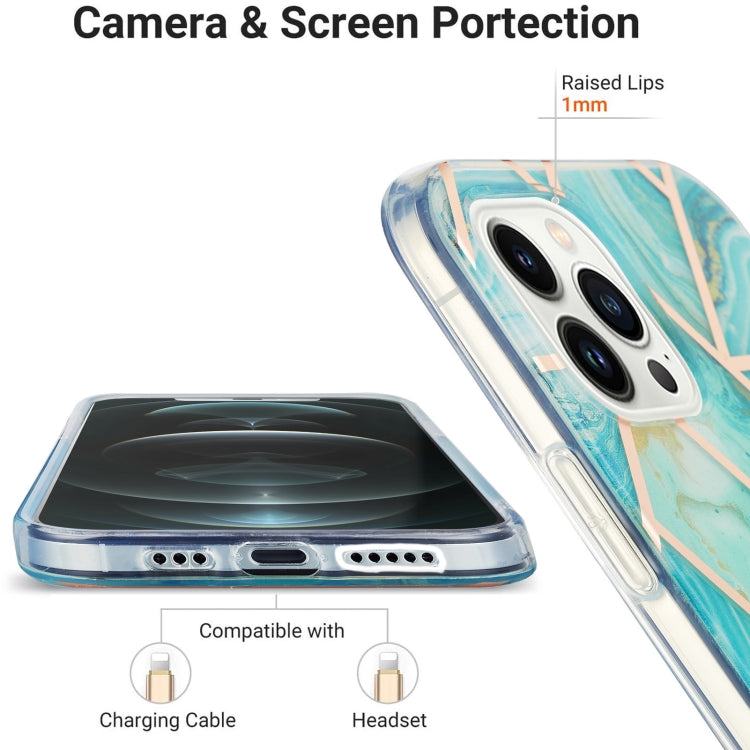 For iPhone 15 Pro Electroplating Splicing Marble Flower Pattern Dual-side IMD TPU Shockproof Phone Case(Blue) - HoMEdemic™ 