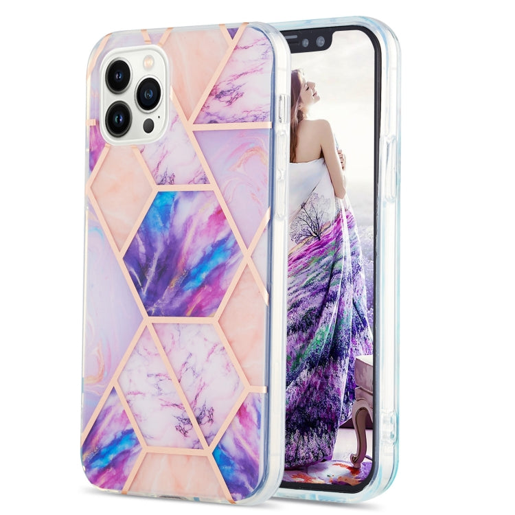For iPhone 15 Pro Electroplating Splicing Marble Flower Pattern Dual-side IMD TPU Shockproof Phone Case(Light Purple) - HoMEdemic™ 