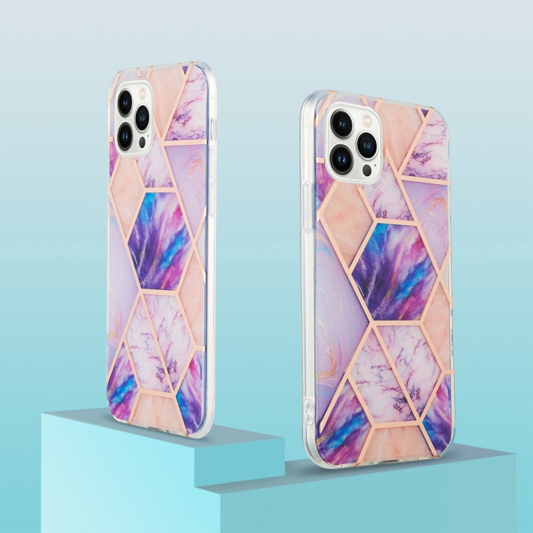 For iPhone 15 Pro Electroplating Splicing Marble Flower Pattern Dual-side IMD TPU Shockproof Phone Case(Light Purple) - HoMEdemic™ 