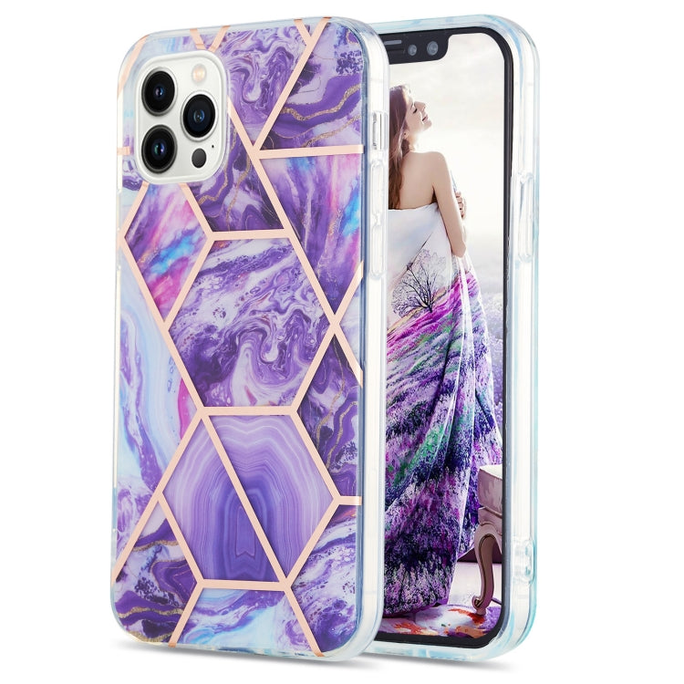 For iPhone 15 Pro Electroplating Splicing Marble Flower Pattern Dual-side IMD TPU Shockproof Phone Case(Dark Purple) - HoMEdemic™ 