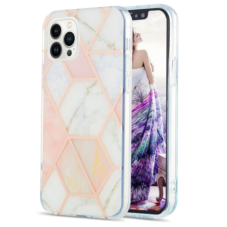 For iPhone 15 Pro Max Electroplating Splicing Marble Flower Pattern Dual-side IMD TPU Shockproof Phone Case(Pink White) - HoMEdemic™ 