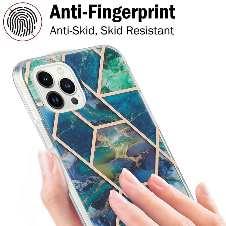 For iPhone 15 Pro Max Electroplating Splicing Marble Flower Pattern Dual-side IMD TPU Shockproof Phone Case(Blue Green) - HoMEdemic™ 