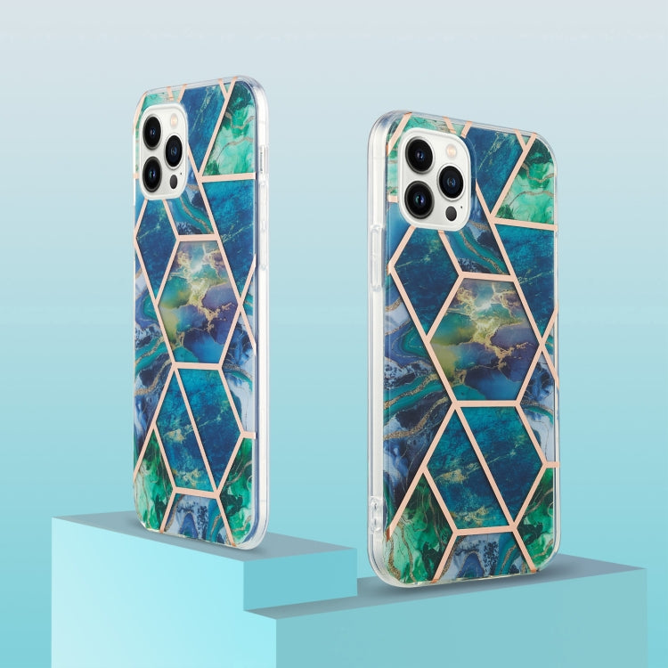 For iPhone 15 Pro Max Electroplating Splicing Marble Flower Pattern Dual-side IMD TPU Shockproof Phone Case(Blue Green) - HoMEdemic™ 