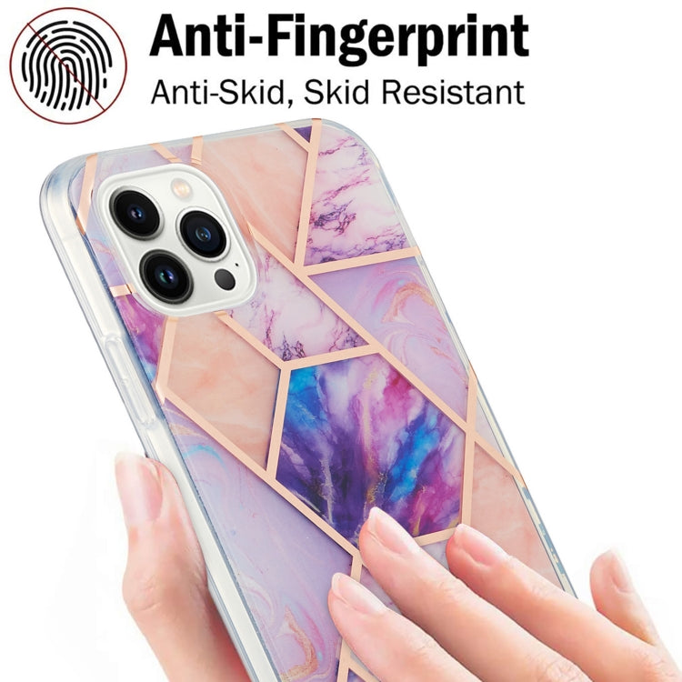 For iPhone 15 Pro Max Electroplating Splicing Marble Flower Pattern Dual-side IMD TPU Shockproof Phone Case(Light Purple) - HoMEdemic™ 