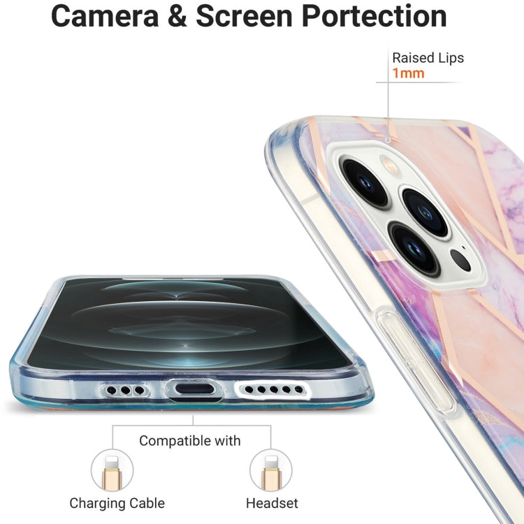 For iPhone 15 Pro Max Electroplating Splicing Marble Flower Pattern Dual-side IMD TPU Shockproof Phone Case(Light Purple) - HoMEdemic™ 