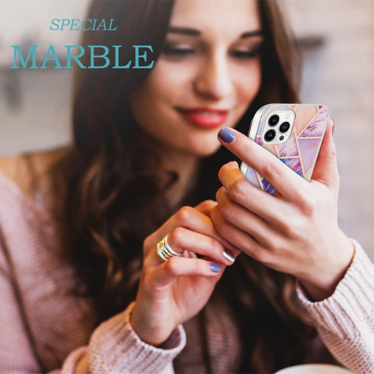 For iPhone 15 Pro Max Electroplating Splicing Marble Flower Pattern Dual-side IMD TPU Shockproof Phone Case(Light Purple) - HoMEdemic™ 