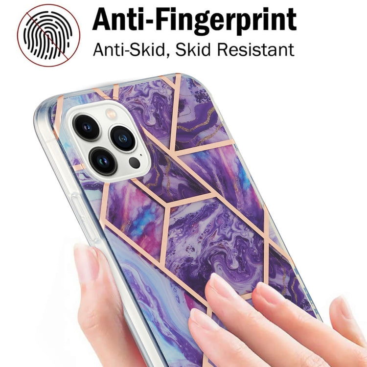 For iPhone 15 Pro Max Electroplating Splicing Marble Flower Pattern Dual-side IMD TPU Shockproof Phone Case(Dark Purple) - HoMEdemic™ 