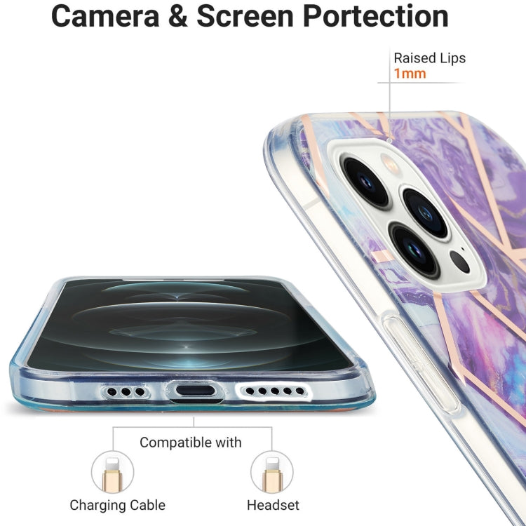 For iPhone 15 Pro Max Electroplating Splicing Marble Flower Pattern Dual-side IMD TPU Shockproof Phone Case(Dark Purple) - HoMEdemic™ 