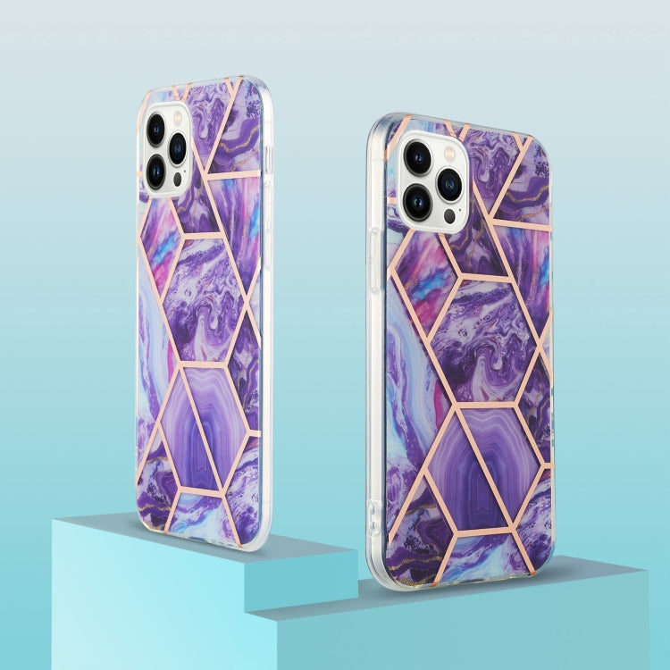 For iPhone 15 Pro Max Electroplating Splicing Marble Flower Pattern Dual-side IMD TPU Shockproof Phone Case(Dark Purple) - HoMEdemic™ 