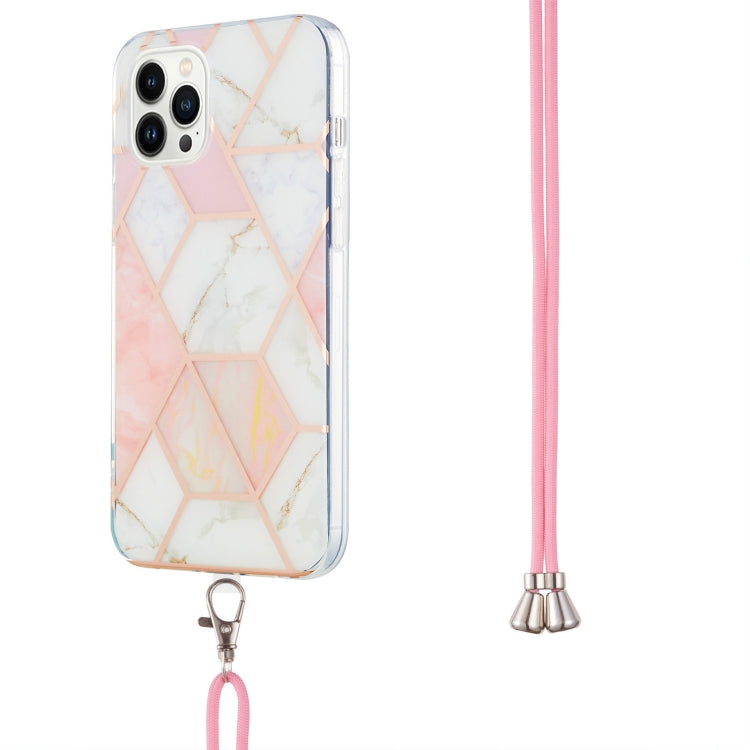For iPhone 15 Pro Electroplating Splicing Marble Pattern IMD TPU Shockproof Case with Neck Lanyard(Pink White) - HoMEdemic™ 