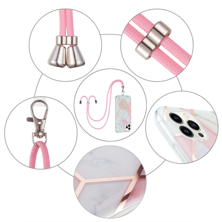 For iPhone 15 Pro Electroplating Splicing Marble Pattern IMD TPU Shockproof Case with Neck Lanyard(Pink White) - HoMEdemic™ 