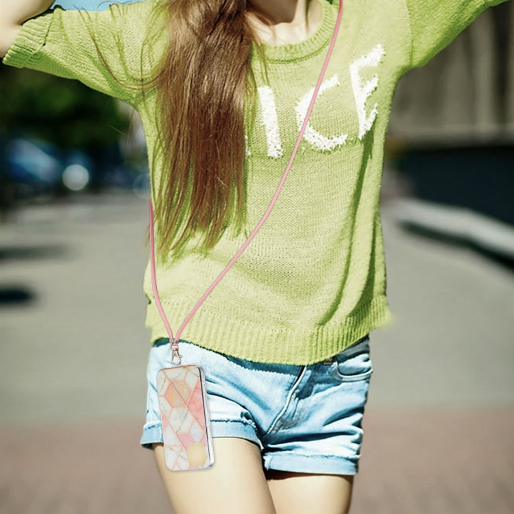 For iPhone 15 Pro Electroplating Splicing Marble Pattern IMD TPU Shockproof Case with Neck Lanyard(Pink White) - HoMEdemic™ 