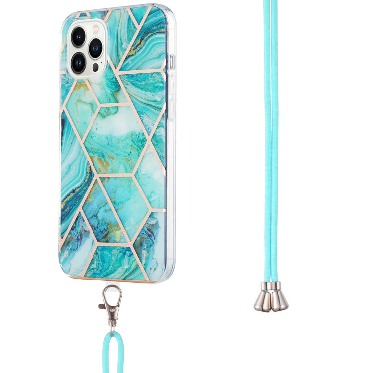 For iPhone 15 Pro Electroplating Splicing Marble Pattern IMD TPU Shockproof Case with Neck Lanyard(Blue) - HoMEdemic™ 