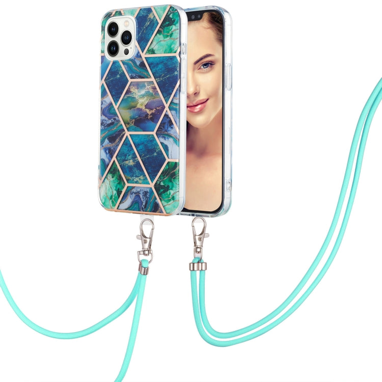For iPhone 15 Pro Max Electroplating Splicing Marble Pattern IMD TPU Shockproof Case with Neck Lanyard(Blue Green) - HoMEdemic™ 