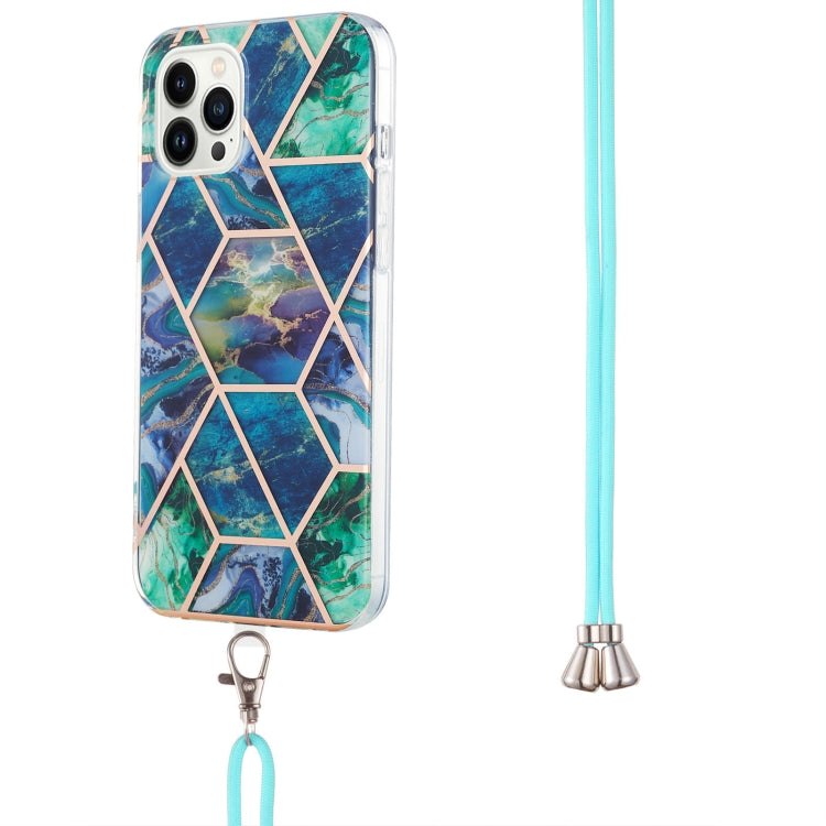 For iPhone 15 Pro Max Electroplating Splicing Marble Pattern IMD TPU Shockproof Case with Neck Lanyard(Blue Green) - HoMEdemic™ 