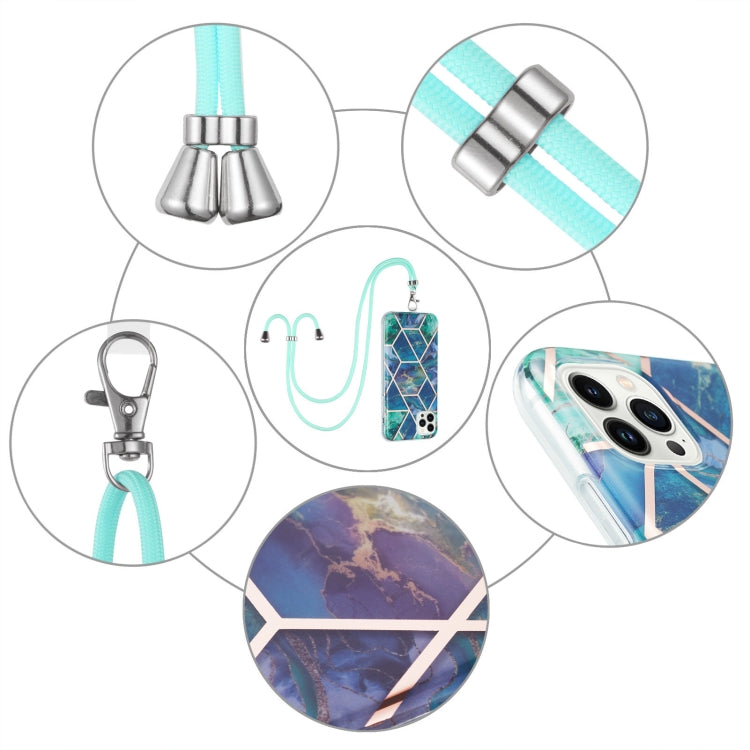 For iPhone 15 Pro Max Electroplating Splicing Marble Pattern IMD TPU Shockproof Case with Neck Lanyard(Blue Green) - HoMEdemic™ 