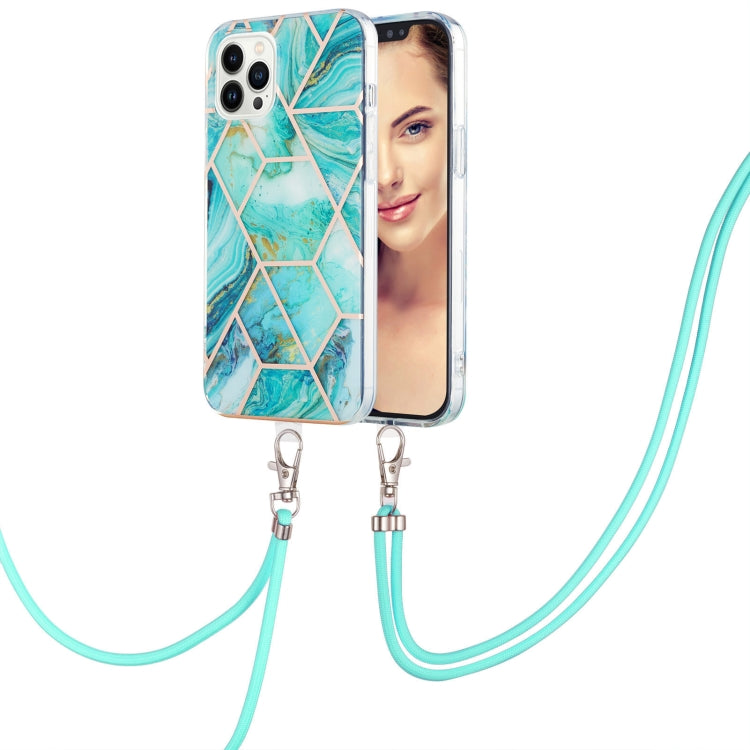 For iPhone 15 Pro Max Electroplating Splicing Marble Pattern IMD TPU Shockproof Case with Neck Lanyard(Blue) - HoMEdemic™ 
